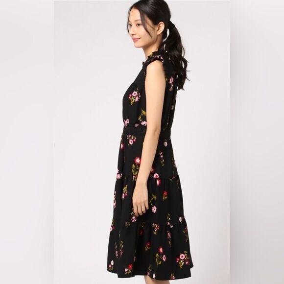 kate spade L Ma Cherie In Bloom Black Floral Smocked Waist Tiered A Line Dress - Picture 3 of 16